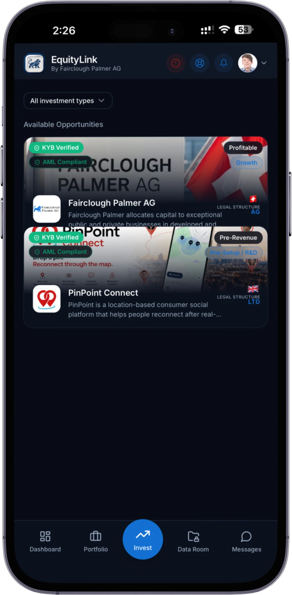 EquityLink app showing available investment opportunities